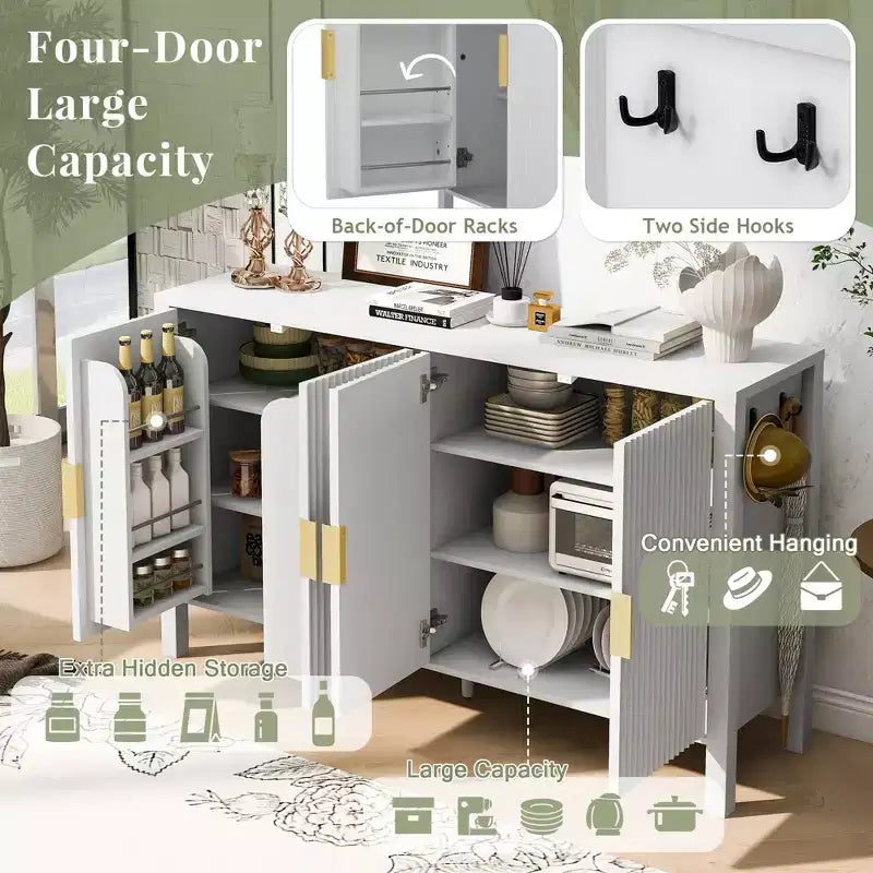 Modern 57.5" Stripe Door Storage Cabinet — 4-Door Sideboard with Side Hooks