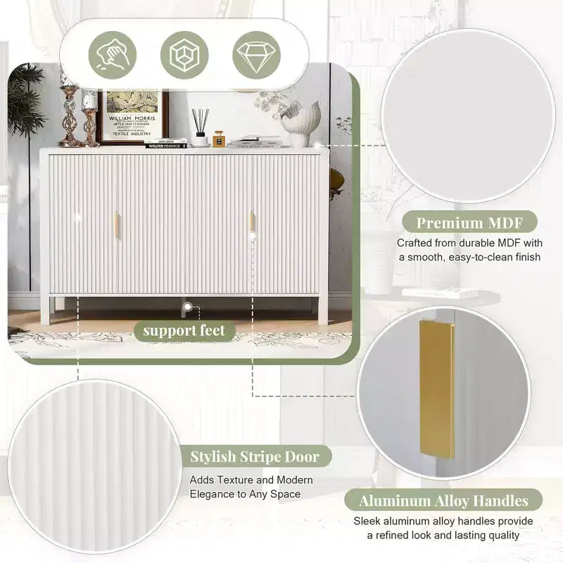 Modern 57.5" Stripe Door Storage Cabinet — 4-Door Sideboard with Side Hooks