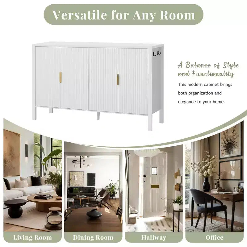 Modern 57.5" Stripe Door Storage Cabinet — 4-Door Sideboard with Side Hooks