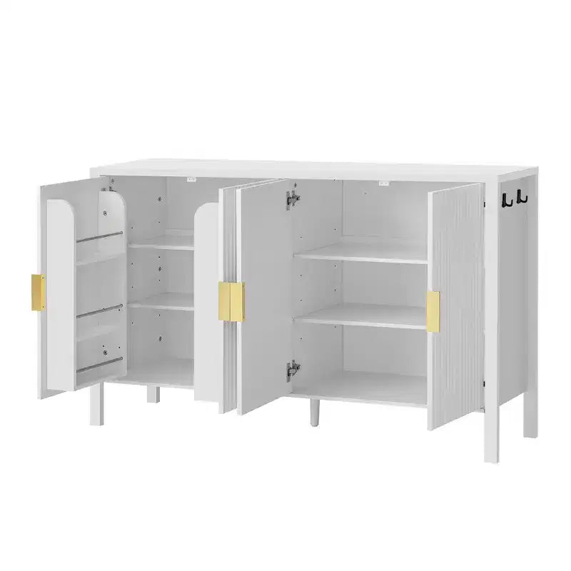 Modern 57.5" Stripe Door Storage Cabinet — 4-Door Sideboard with Side Hooks