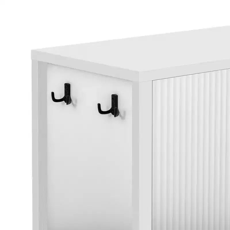 Modern 57.5" Stripe Door Storage Cabinet — 4-Door Sideboard with Side Hooks