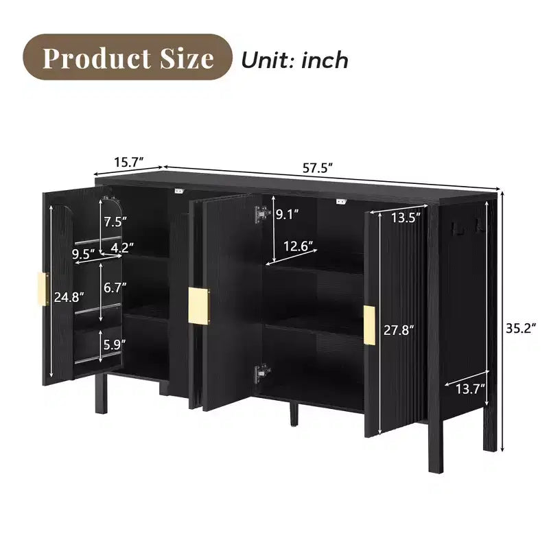 Modern 57.5" Stripe Door Storage Cabinet — 4-Door Sideboard with Side Hooks