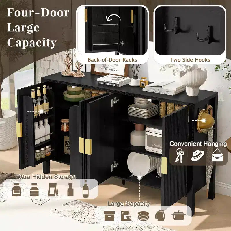 Modern 57.5" Stripe Door Storage Cabinet — 4-Door Sideboard with Side Hooks