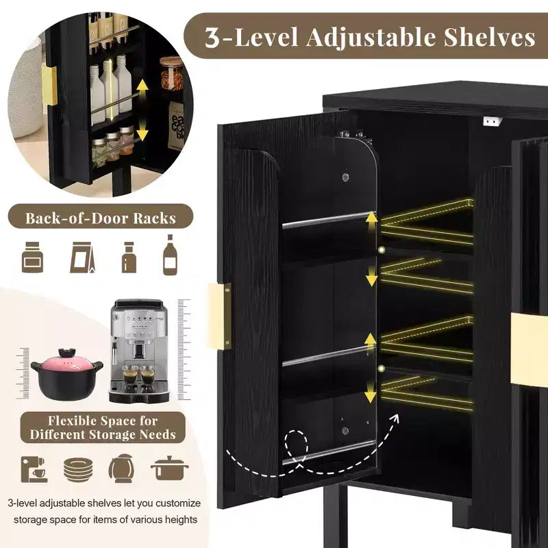 Modern 57.5" Stripe Door Storage Cabinet — 4-Door Sideboard with Side Hooks