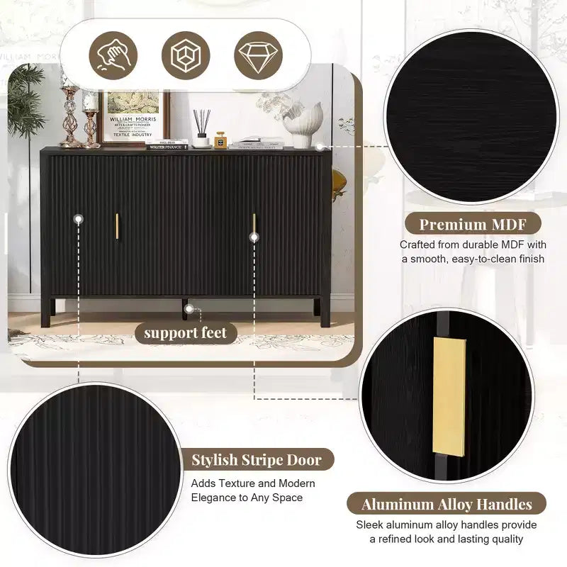 Modern 57.5" Stripe Door Storage Cabinet — 4-Door Sideboard with Side Hooks