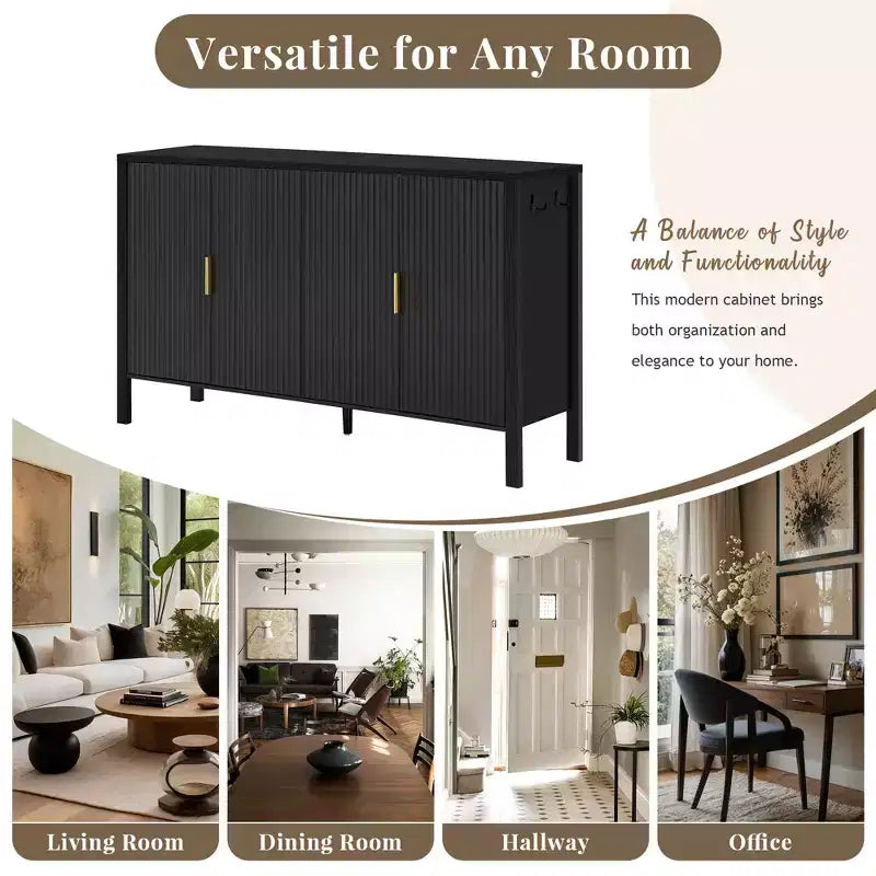 Modern 57.5" Stripe Door Storage Cabinet — 4-Door Sideboard with Side Hooks