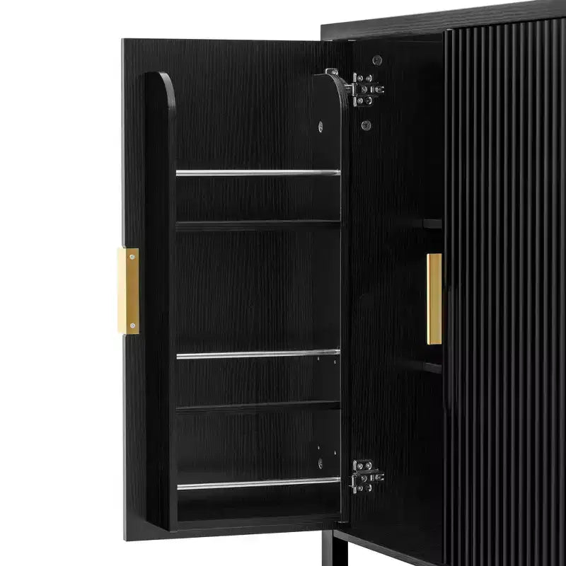 Modern 57.5" Stripe Door Storage Cabinet — 4-Door Sideboard with Side Hooks