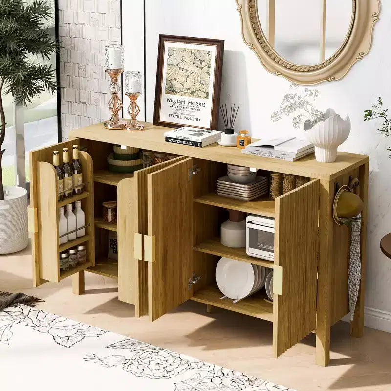 Modern 57.5" Stripe Door Storage Cabinet — 4-Door Sideboard with Side Hooks
