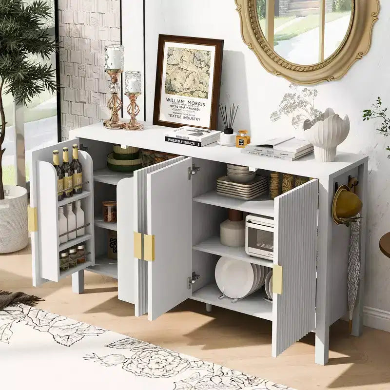 Modern 57.5" Stripe Door Storage Cabinet — 4-Door Sideboard with Side Hooks