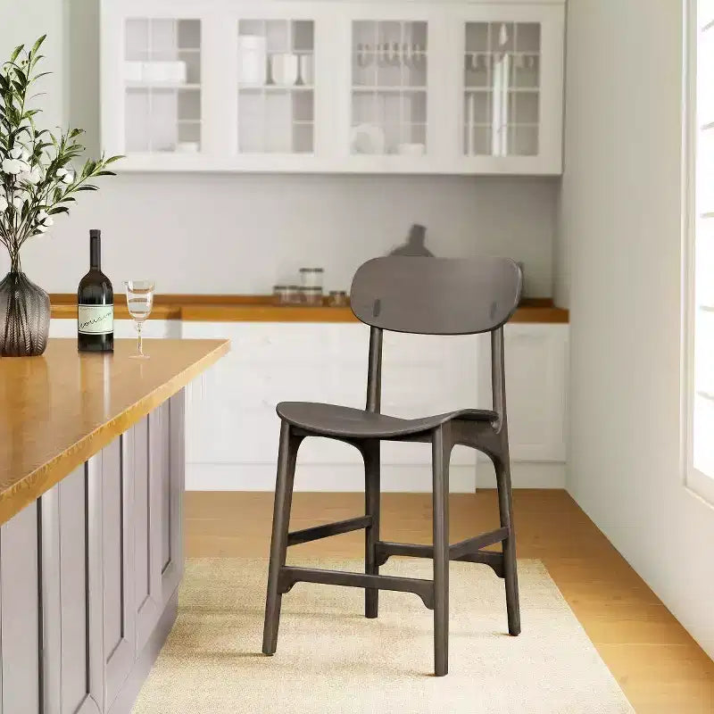 Mid-Century Wood Counter Height Barstool — Carbonite Finish, Curved Seat & Splayed Legs