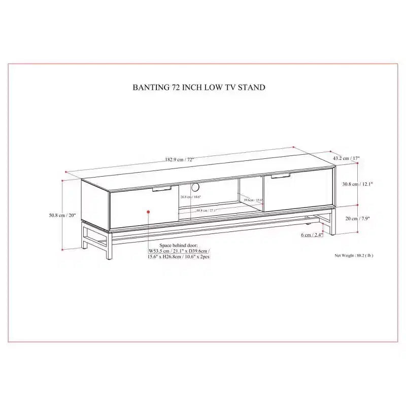 72" Low TV Stand for TVs up to 80" — Walnut Brown Solid Rubberwood Media Console