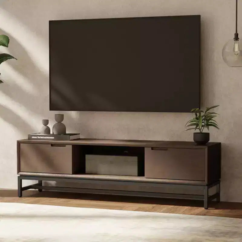 72" Low TV Stand for TVs up to 80" — Walnut Brown Solid Rubberwood Media Console