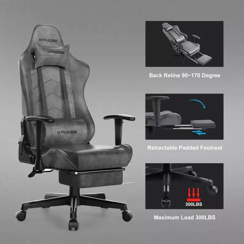 Ergonomic Gaming Chair with Footrest, Lumbar Support & Reclining Backrest — Gray