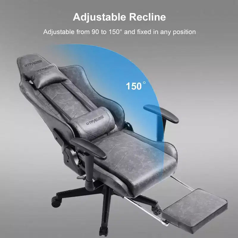Ergonomic Gaming Chair with Footrest, Lumbar Support & Reclining Backrest — Gray