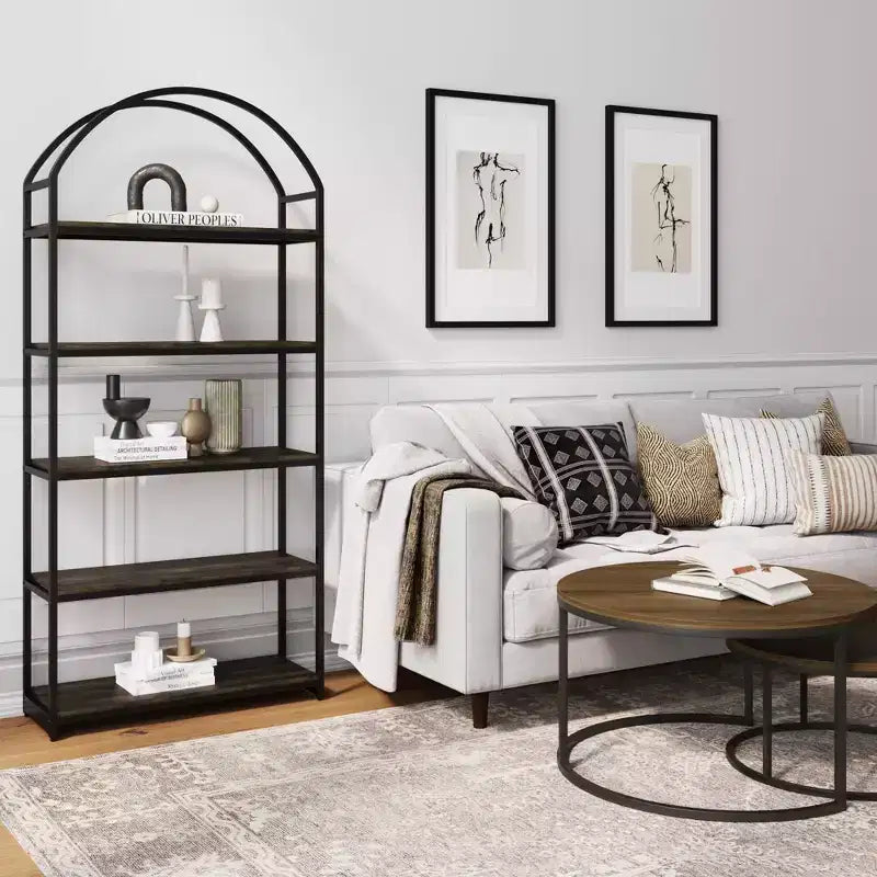 72" 5-Shelf Arch Bookshelf — Black Metal Frame with Espresso Wood Shelves