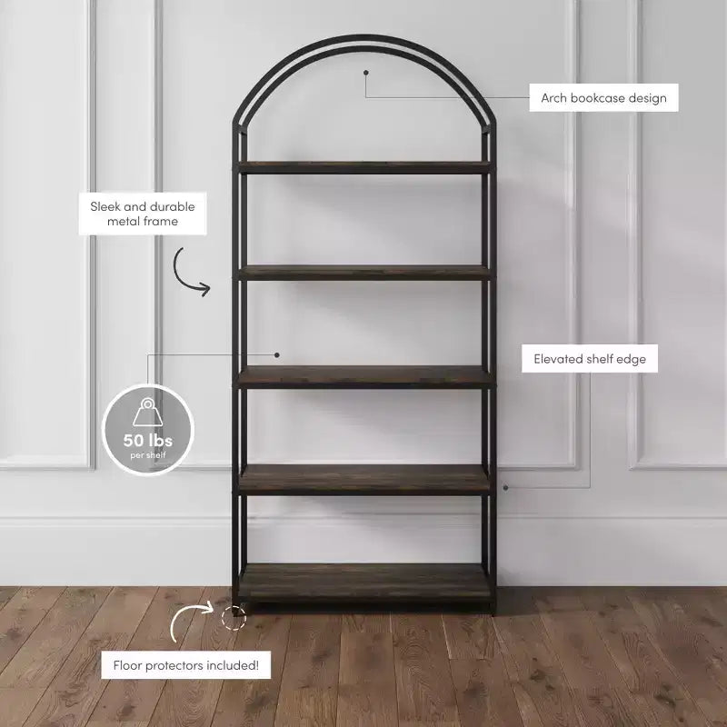 72" 5-Shelf Arch Bookshelf — Black Metal Frame with Espresso Wood Shelves