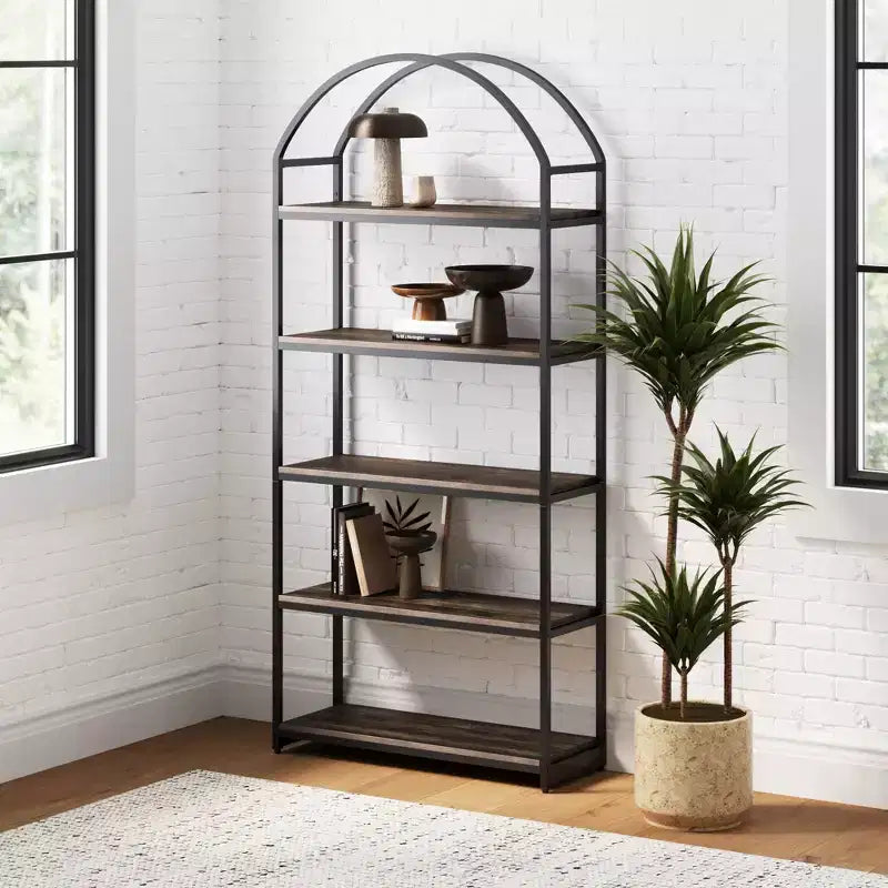 72" 5-Shelf Arch Bookshelf — Black Metal Frame with Espresso Wood Shelves