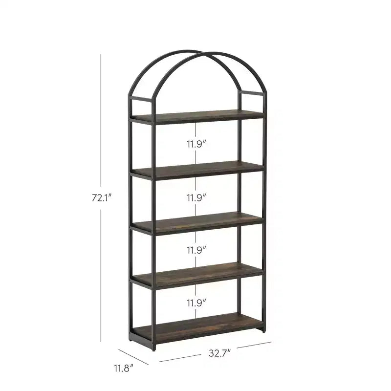 72" 5-Shelf Arch Bookshelf — Black Metal Frame with Espresso Wood Shelves