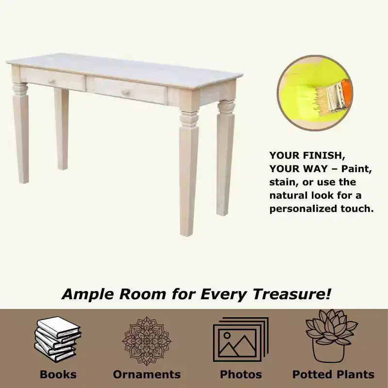 Console avec 2 tiroirs, en bois massif non traité, pour salon, chambre ou entrée