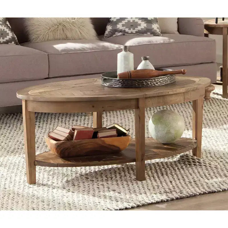 Table basse ovale de 48 pouces avec étagère de rangement pour salon, naturelle