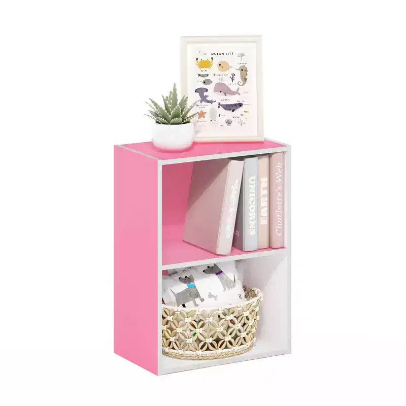 2-Tier Compact Open Shelf Bookcase — Side Table & Nightstand, Horizontal/Vertical Use, Pink/White