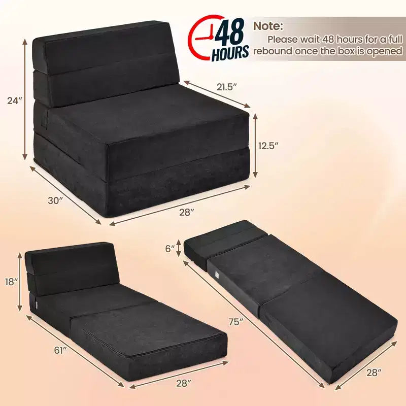 Tri-Fold Convertible Sleeper Chair — Sofa, Lounger & Floor Mattress, Black/Grey/Coffee