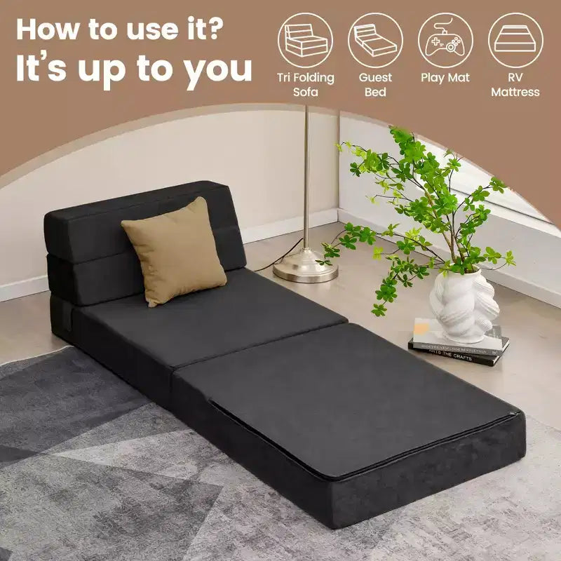 Tri-Fold Convertible Sleeper Chair — Sofa, Lounger & Floor Mattress, Black/Grey/Coffee