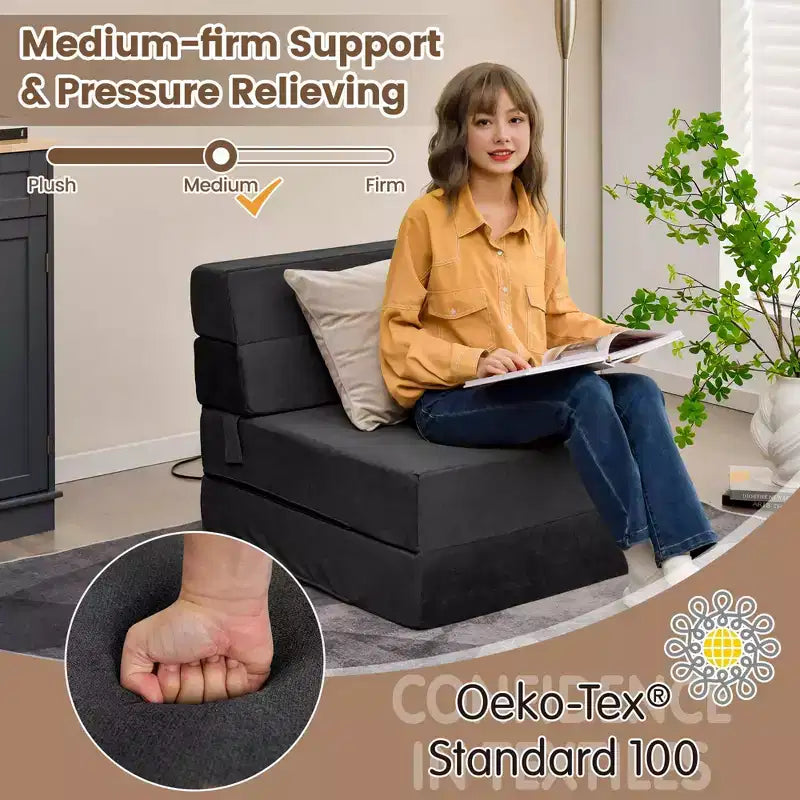 Tri-Fold Convertible Sleeper Chair — Sofa, Lounger & Floor Mattress, Black/Grey/Coffee