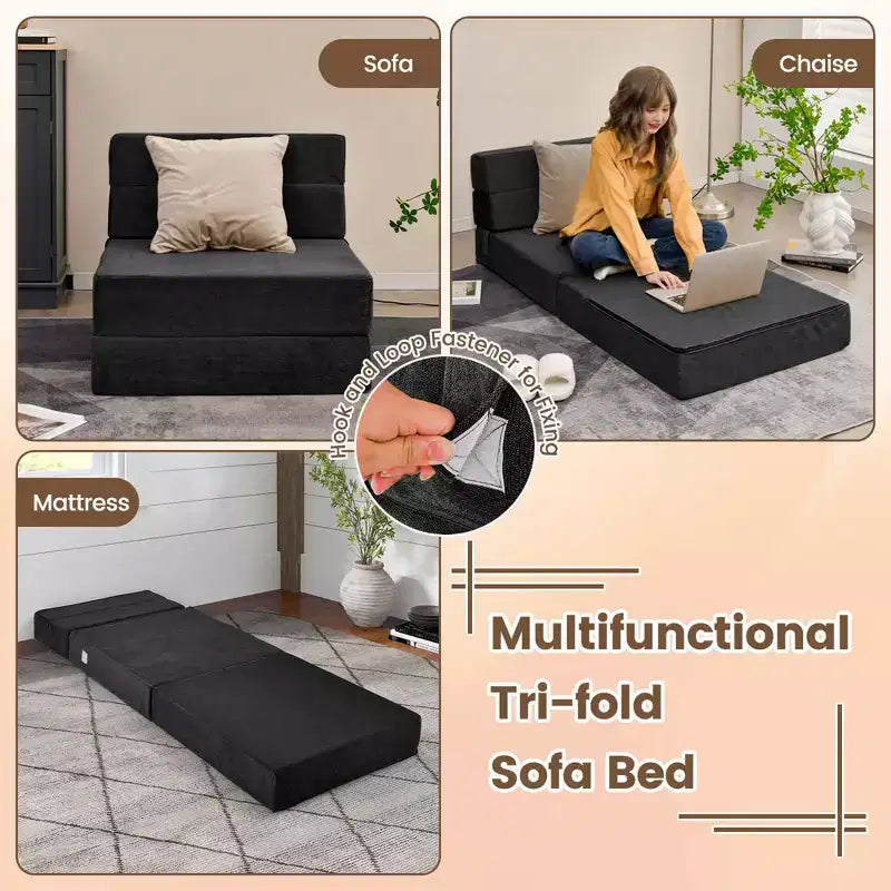 Tri-Fold Convertible Sleeper Chair — Sofa, Lounger & Floor Mattress, Black/Grey/Coffee