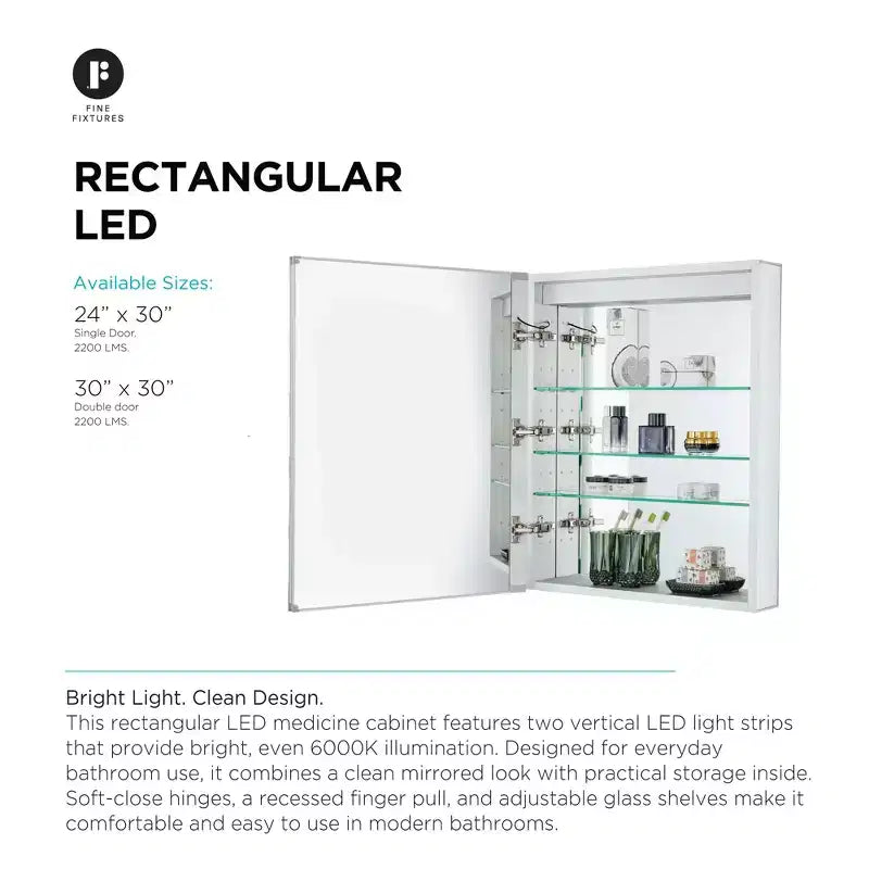 Aluminum Bathroom Medicine Cabinet with LED Light — Recessed or Surface Mount, Mirrored