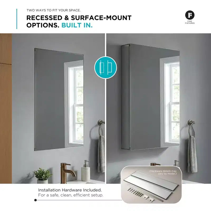 Aluminum Bathroom Medicine Cabinet with LED Light — Recessed or Surface Mount, Mirrored