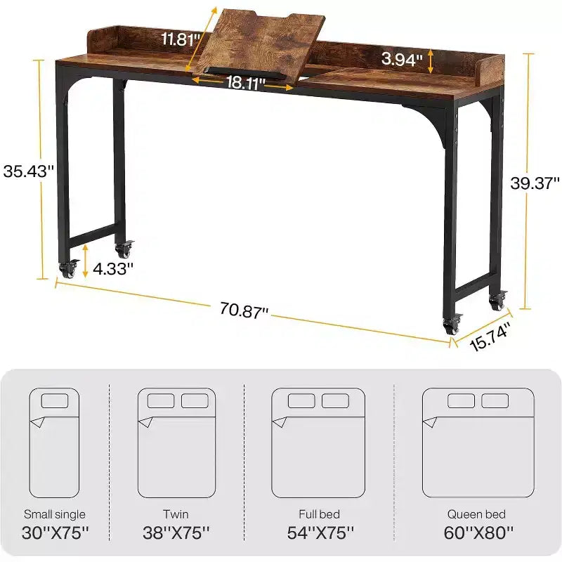 Queen Size Overbed Table with Adjustable Tilt Stand — Mobile Laptop Cart for Home & Hospital