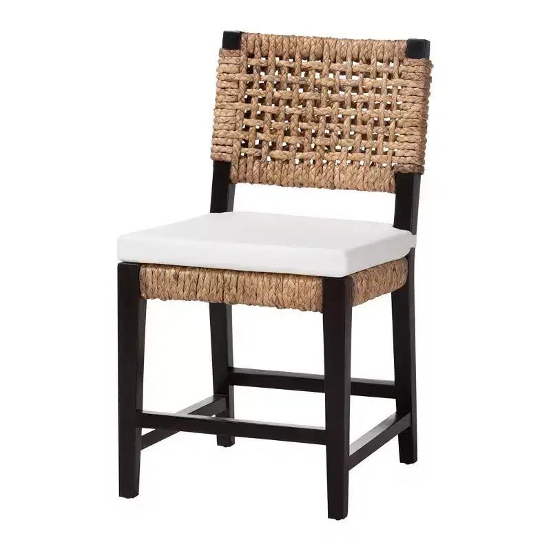 Modern Bohemian Dark Brown Mahogany Wood and Seagrass Dining Chair