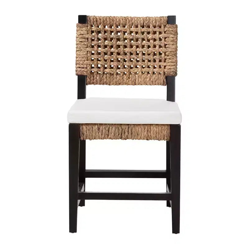 Modern Bohemian Dark Brown Mahogany Wood and Seagrass Dining Chair