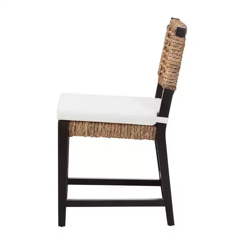 Modern Bohemian Dark Brown Mahogany Wood and Seagrass Dining Chair