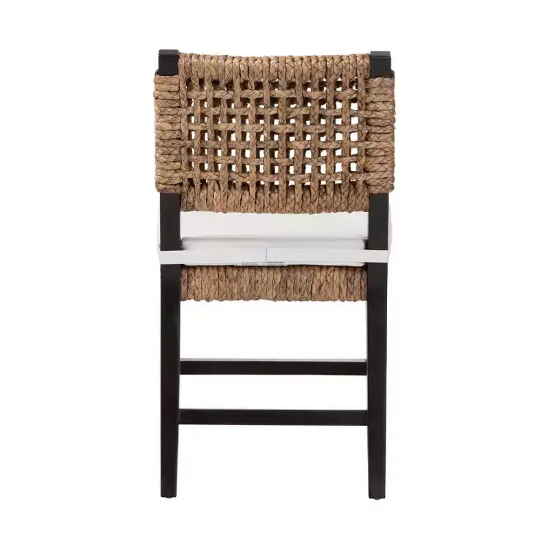 Modern Bohemian Dark Brown Mahogany Wood and Seagrass Dining Chair