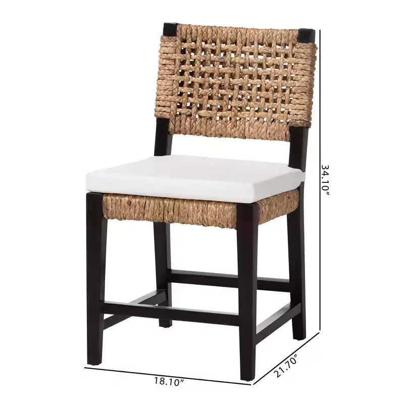 Modern Bohemian Dark Brown Mahogany Wood and Seagrass Dining Chair